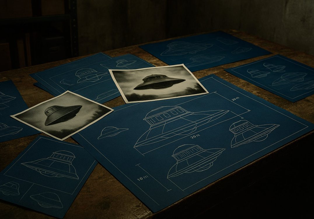 An office desk with blueprints and images of UFOs.
