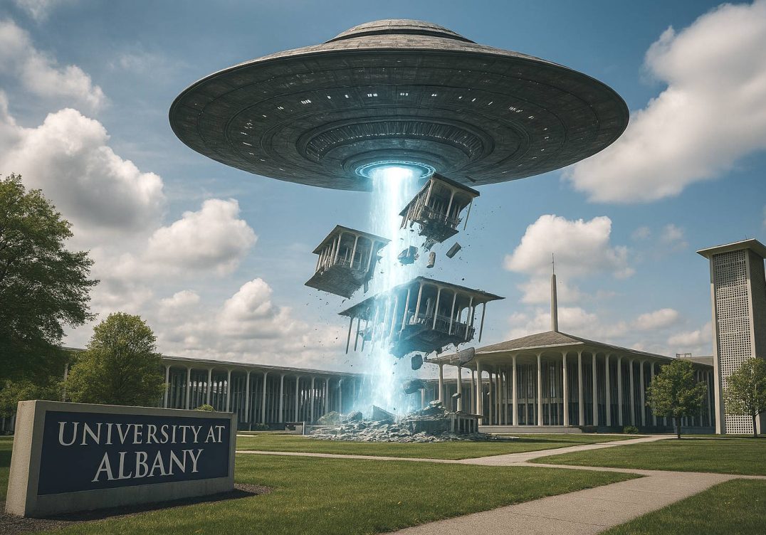 A UFO appears to be beaming up a portion of the University of Albany school campus in large fragments.