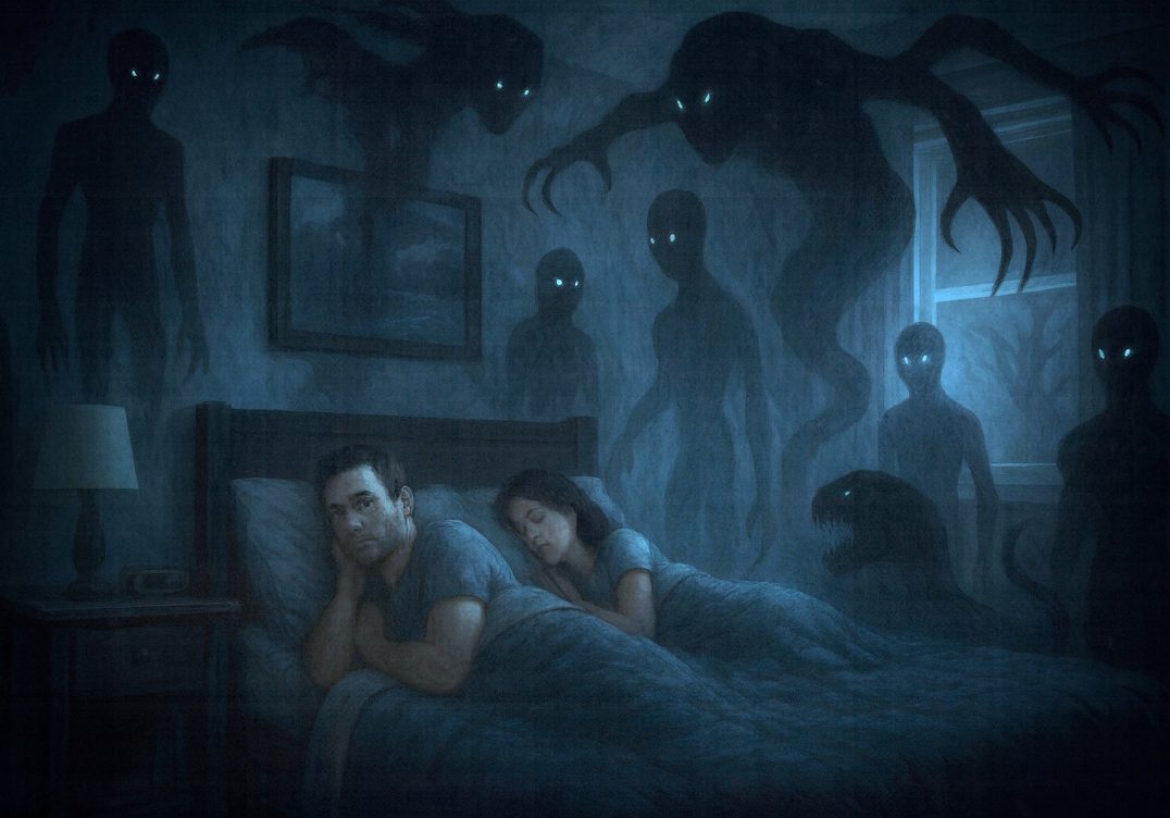 Dark entities surround a sleeping couple in bed at night.