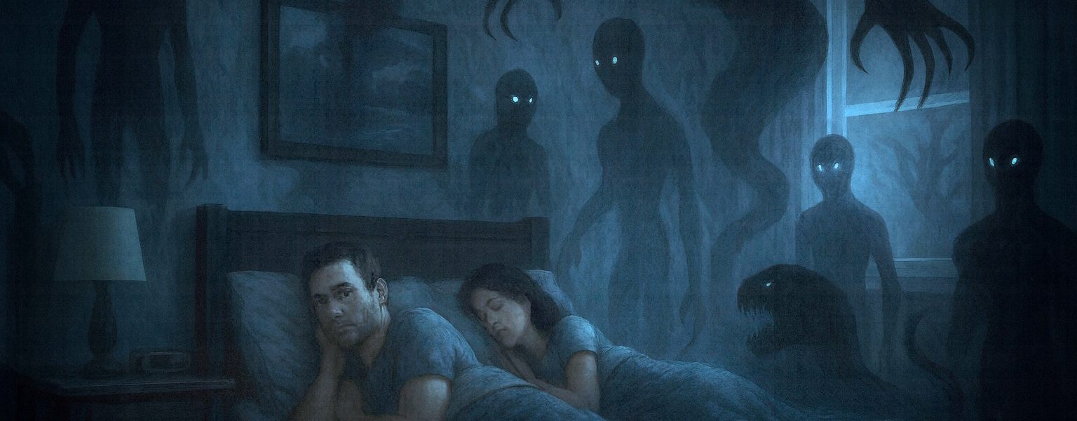 Dark entities surround a sleeping couple in bed at night.