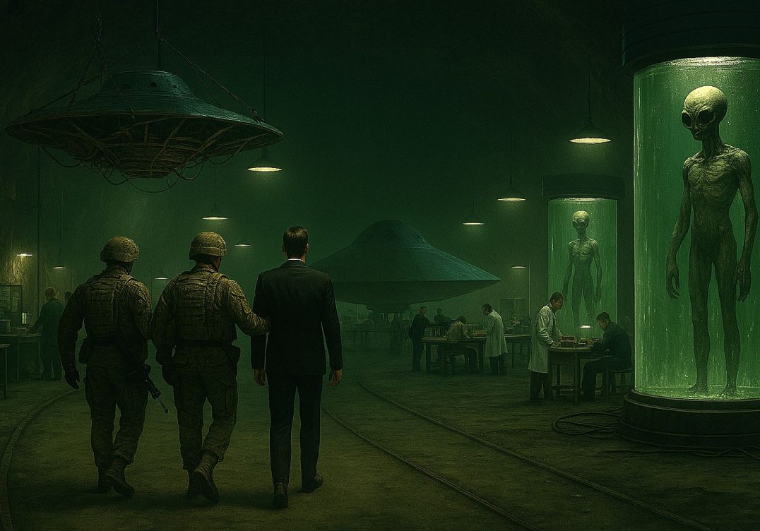 A congressman is being led by military forces deep within an underground base housing ufos and alien filled vats where they are held in suspended animation.