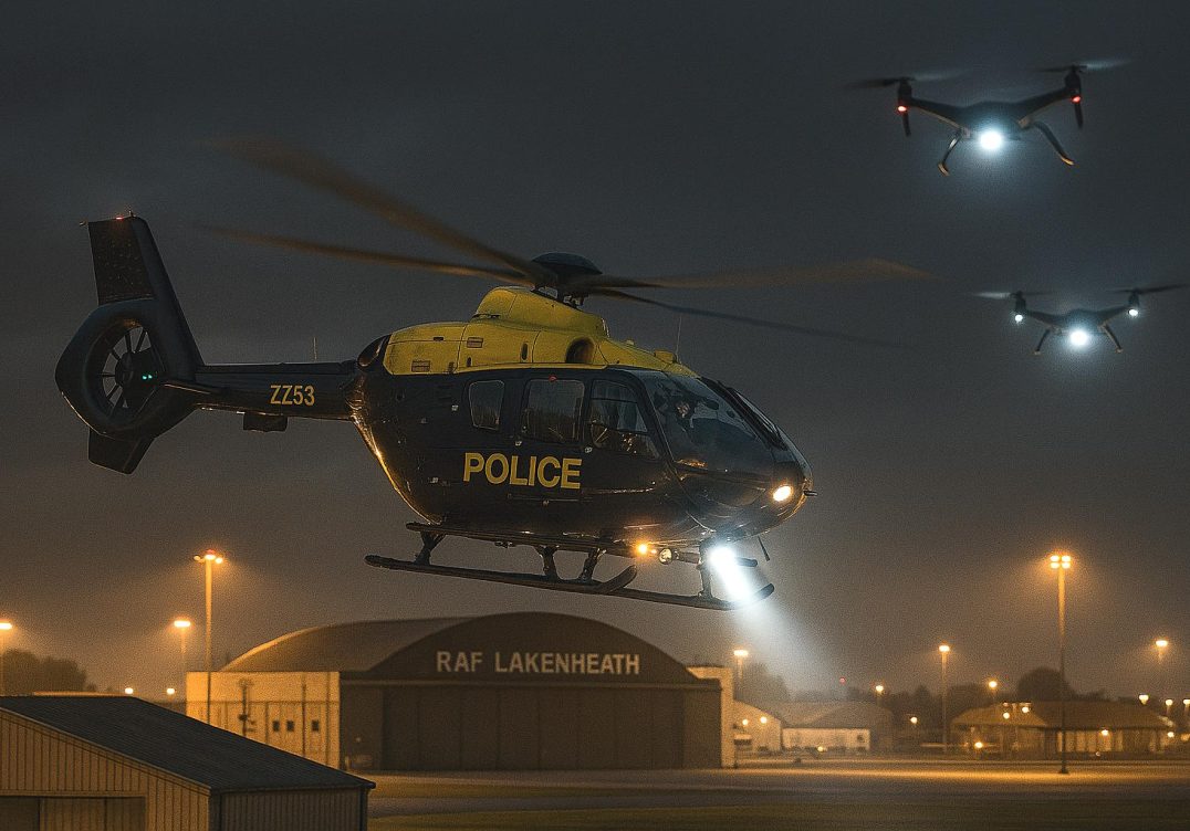 A helicopter is chased by several drone like UAPs over RAF Lakenheath military base.