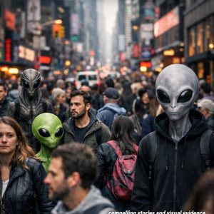 Extraterrestrial looking aliens co-mingle alongside a crowd in a busy city street.