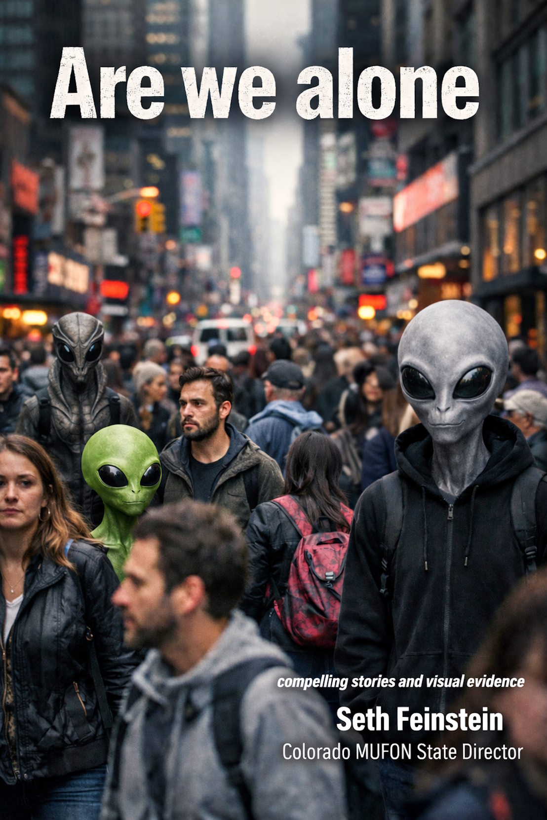 Extraterrestrial looking aliens co-mingle alongside a crowd in a busy city street.
