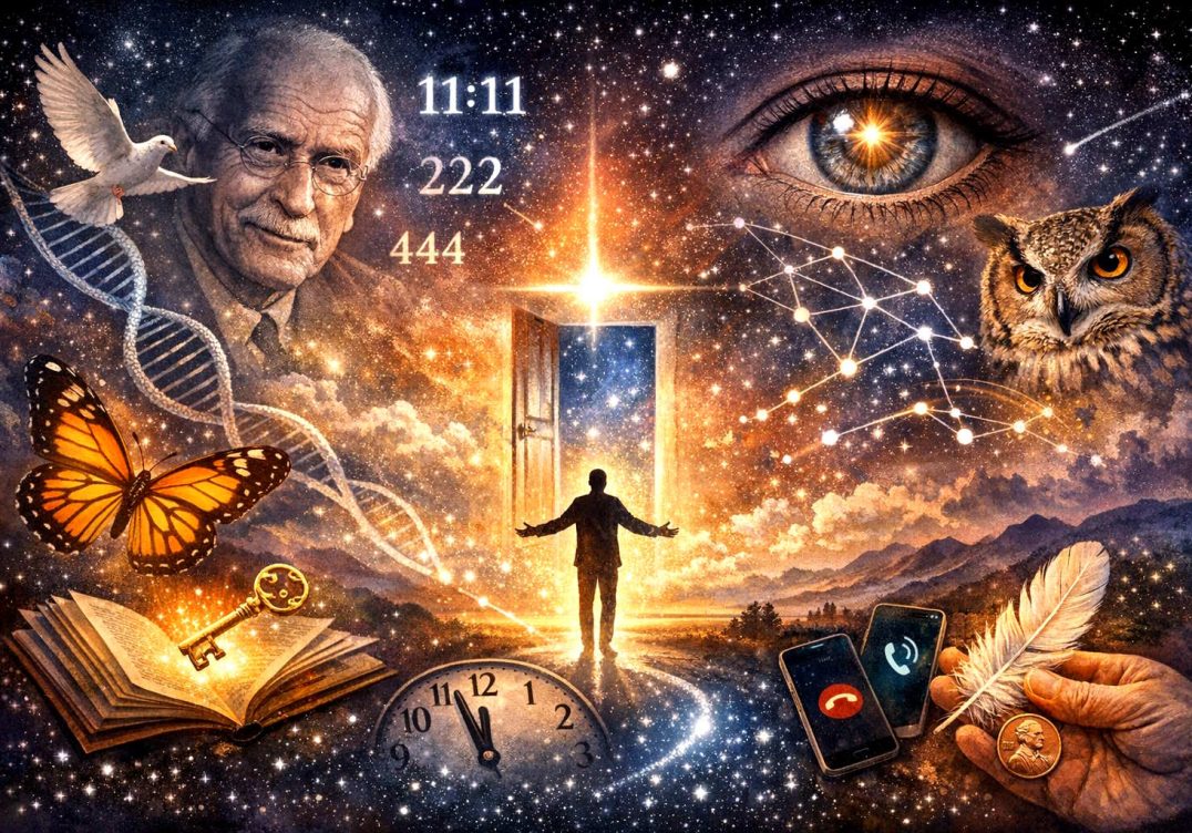 A collage of symbols and signs surrounding the silhouette of a man superimposed on a celestial background.