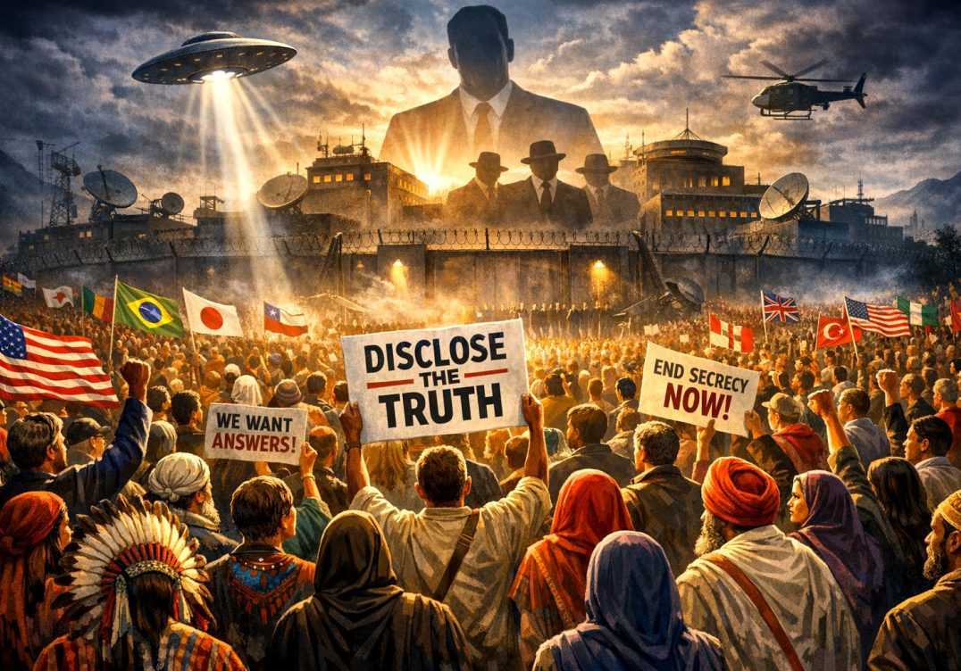 All cultures of humanity stand together in a great crowd facing forward towards an ominous technocratic city of surveillance and secrecy demanding truth and disclosure.
