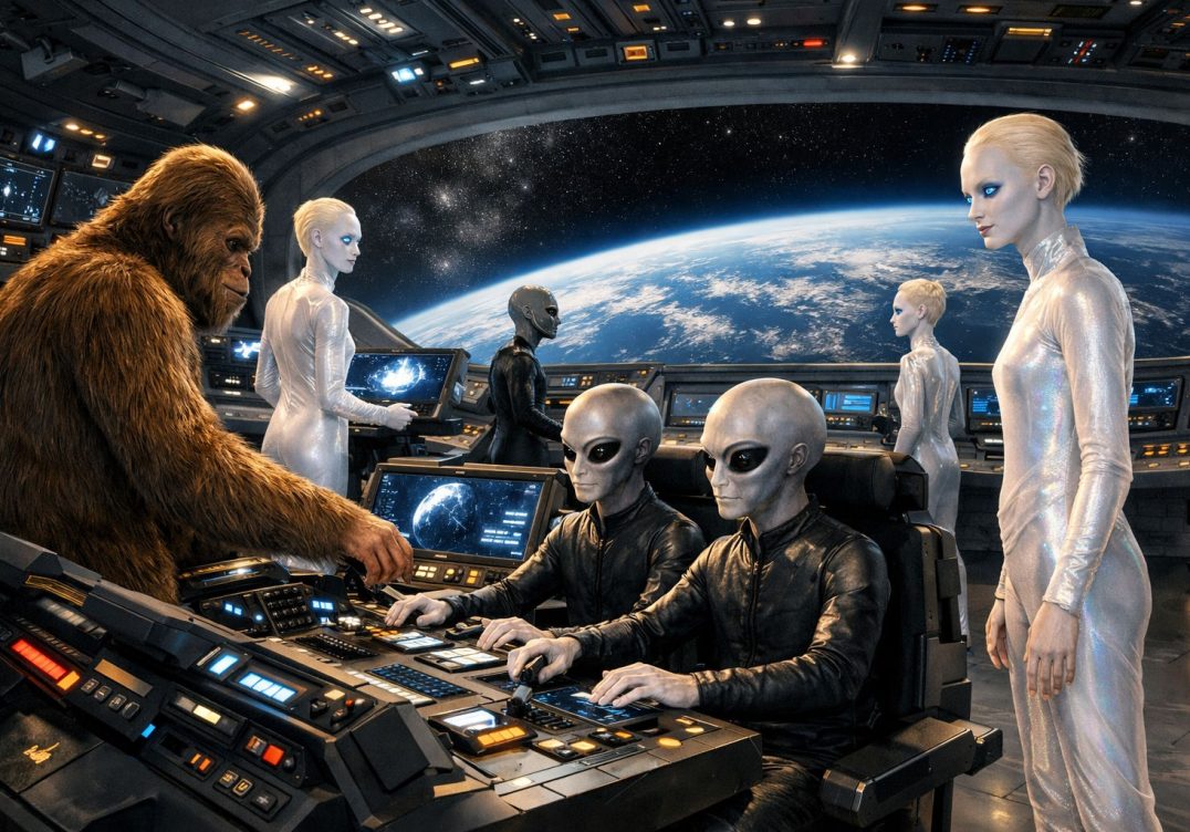 Bigfoot, grey and tall white aliens all aboard the flight deck of a spaceship with earth and space closeup and visible outside the viewport.