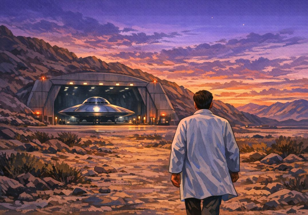 Bob Lazar walks towards the hangar doors of S4 which are open and reveal the 'sports model' UFO he allegedly worked on.