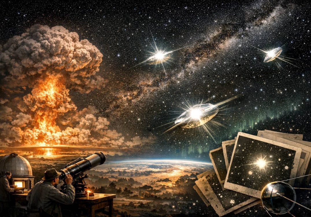 Astronomer views sudden flashes of light in the night sky, noticing the correlation between nuclear explosion testing and these anomalous events.