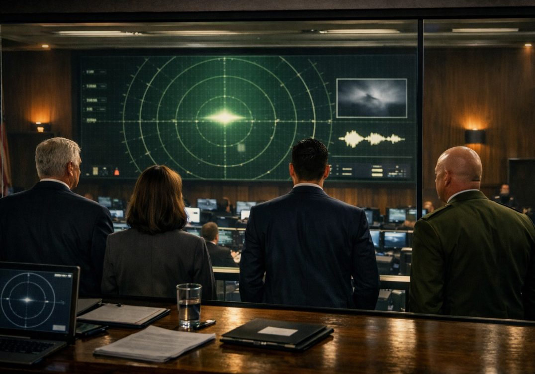 Government officials observing UAP being tracked behind glass within an observation deck.